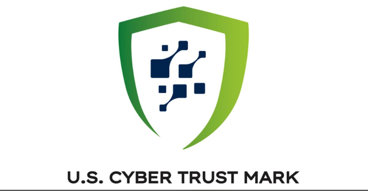 The words "U.S. Cyber Trust Mark" under a bright-green and white stylized shield with several solid squares, some connected