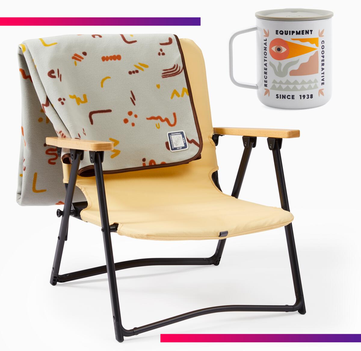 REI camping chair and mug