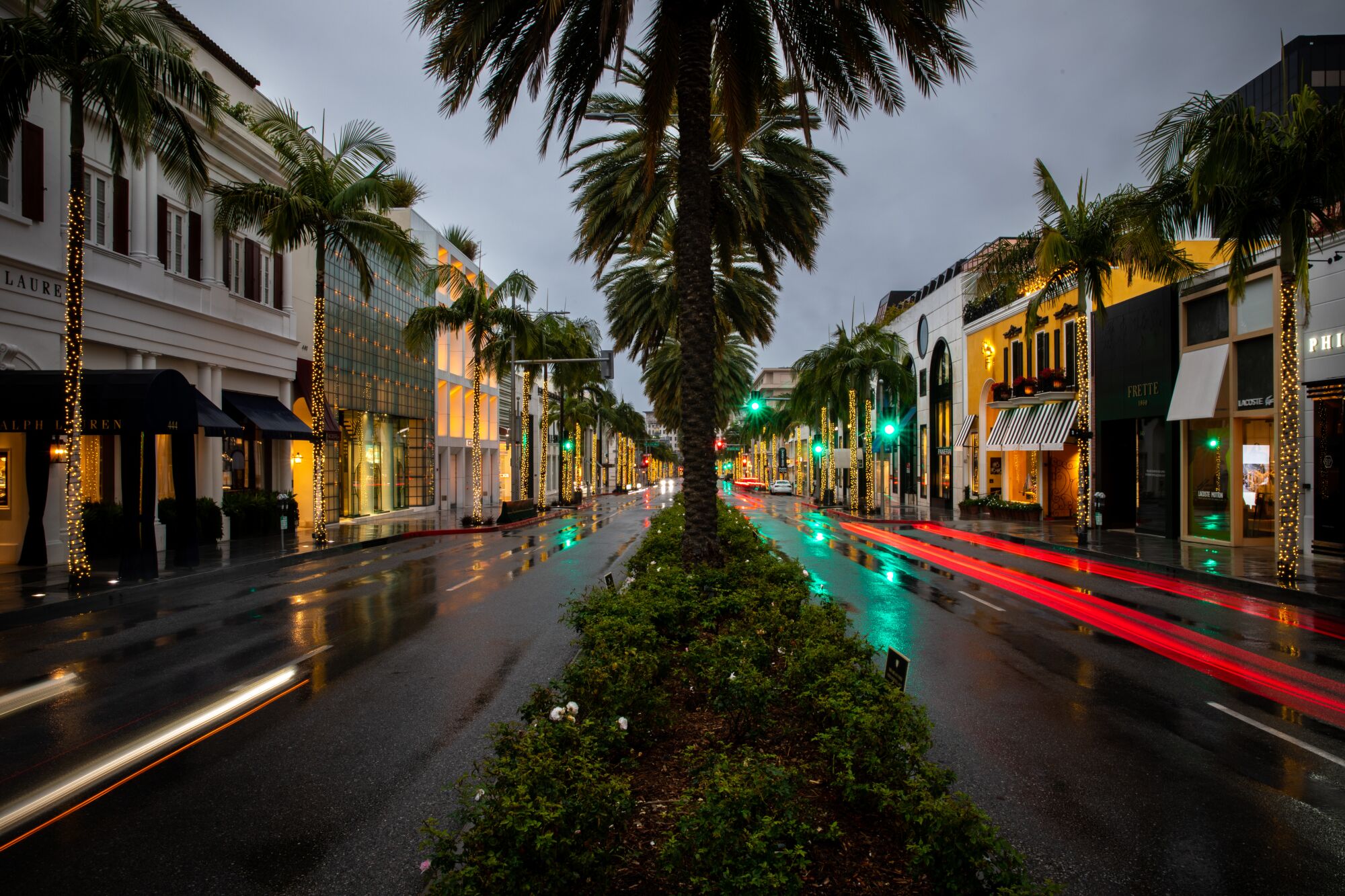 Time exposure along the famed Rodeo Drive in the heart of Beverly Hills