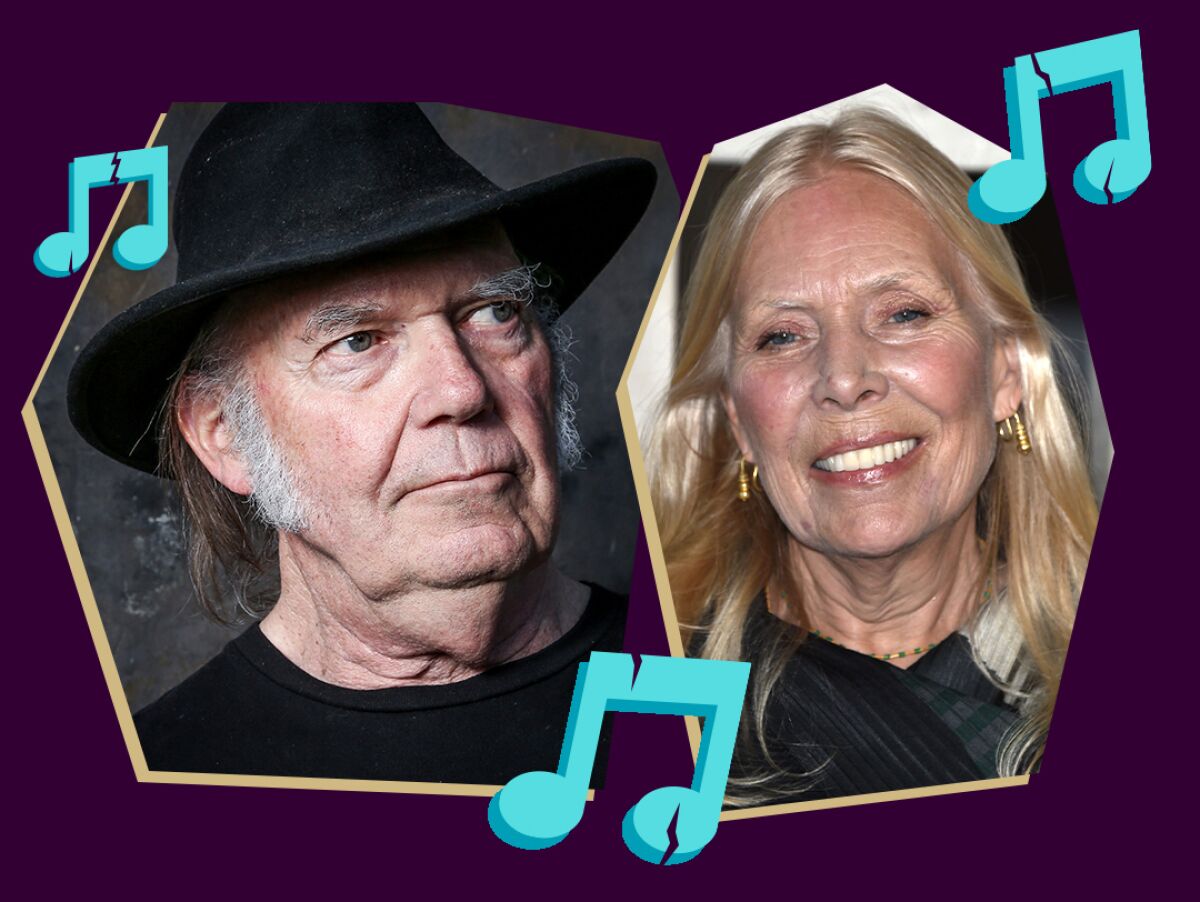 photo illustration of Neil Young and Joni Mitchell framed by illustrated music notes with cracks.