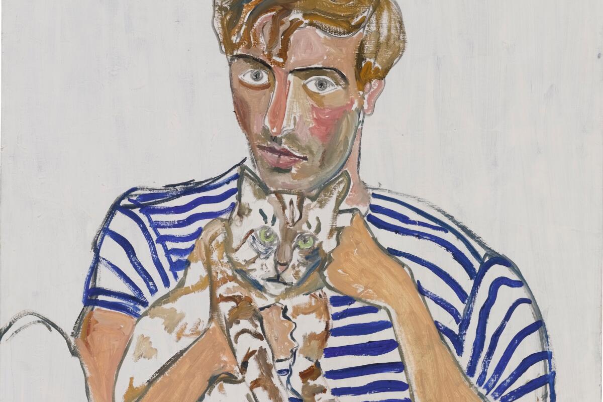 A painting of a man in a striped shirt holding a cat in his lap.