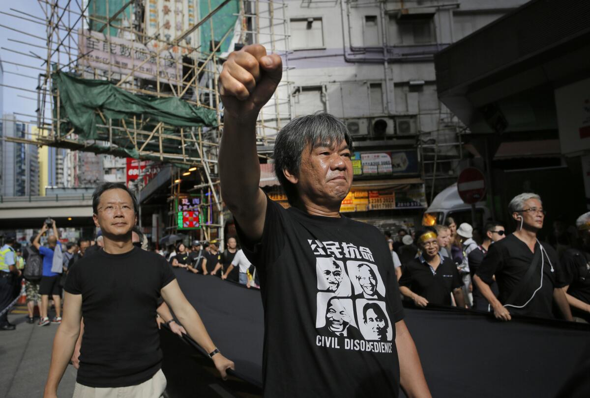 Pro-democracy lawmaker Leung Kwok-hung takes part in a rally in downtown Hong Kong last month.