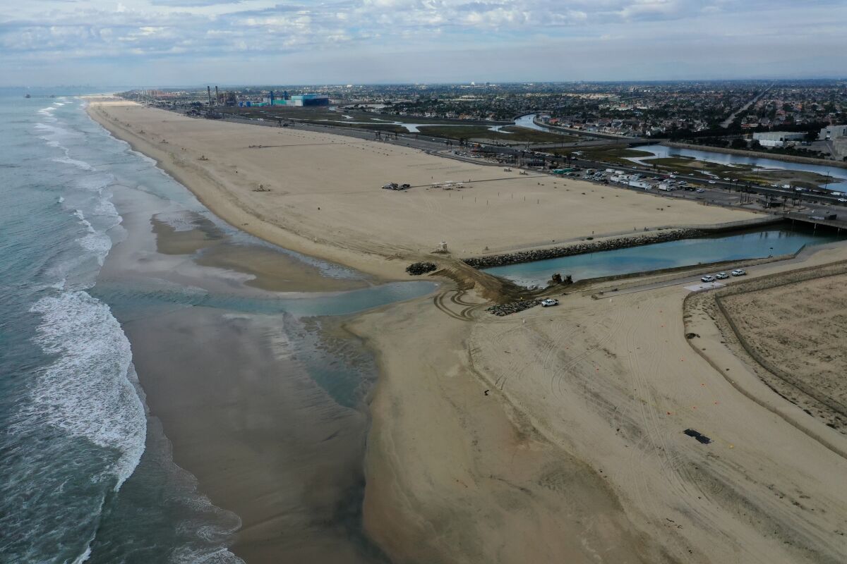 An aerial view of the beach after oil washed ashore.