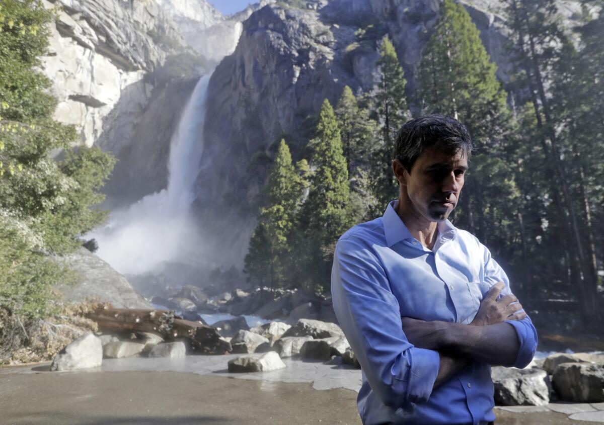 Democratic presidential candidate Beto O'Rourke listens to environmental advocates on Monday in Yosemite National Park.
