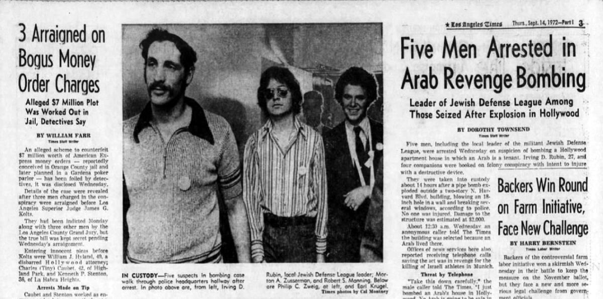 Manning pictured on the far right in a September 1972 Los Angeles Times story on the Hollywood bombing. 