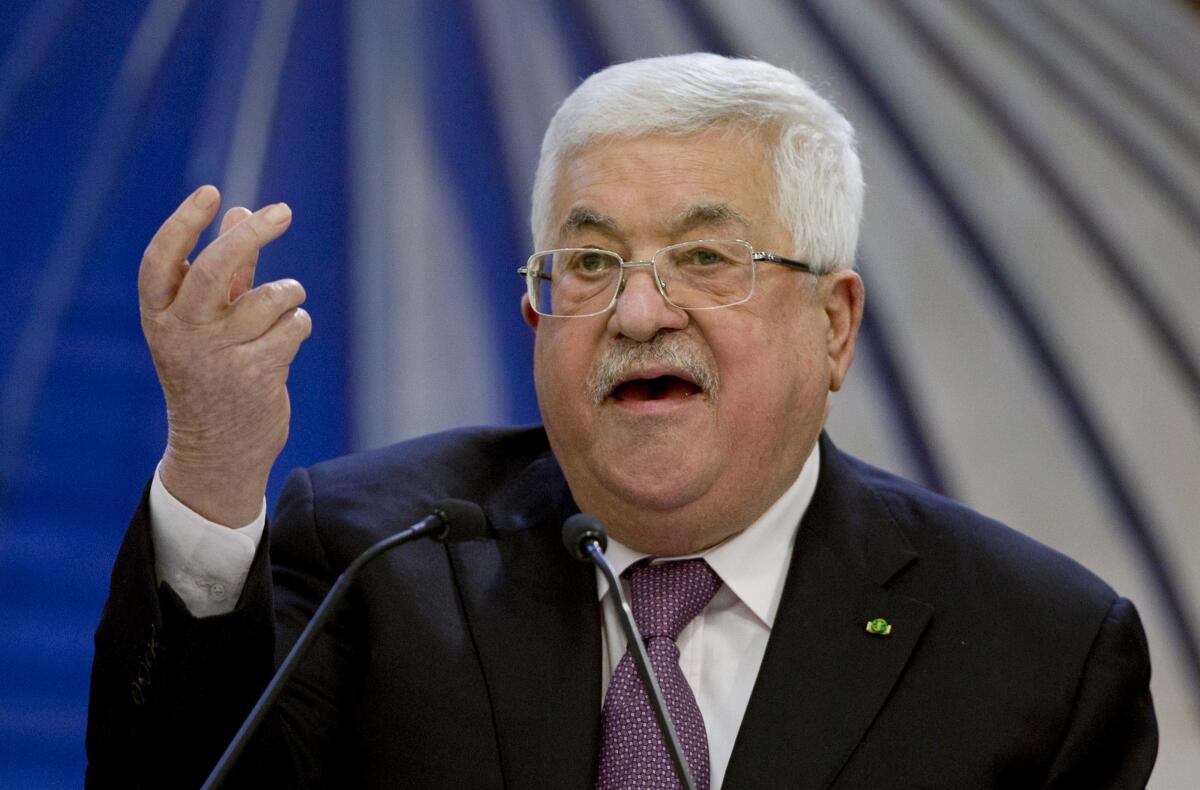 FILE - In this Jan. 22, 2020 file photo, Palestinian President Mahmoud Abbas speaks after a meeting of the Palestinian leadership in the West Bank city of Ramallah. Palestinian President Mahmoud Abbas flew to Jordan by helicopter on Monday ahead of an official visit to Germany on which he will undergo a health exam, officials said. (AP Photo/Majdi Mohammed, File)