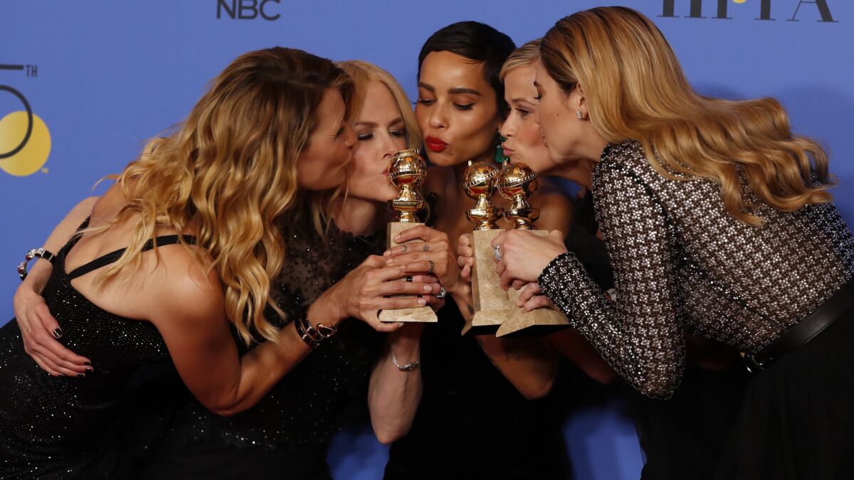 Actresses with HBO's "Big Little Lies" celebrate their win. From left are Laura Dern, Nicole Kidman, Zoe Kravitz, Reese Witherspoon and Shailene Woodley.