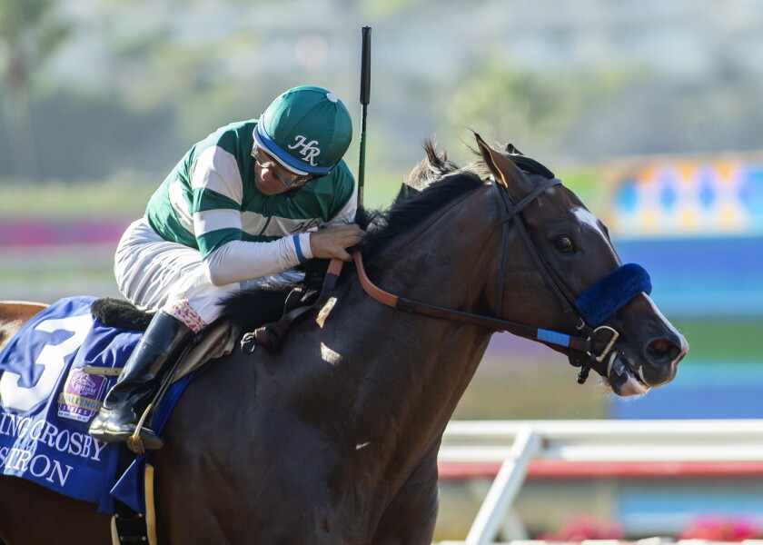 Cistron, with Victor Espinoza aboard, wins the Grade I, $300,000 Bing Crosby Stakes last month at Del Mar.