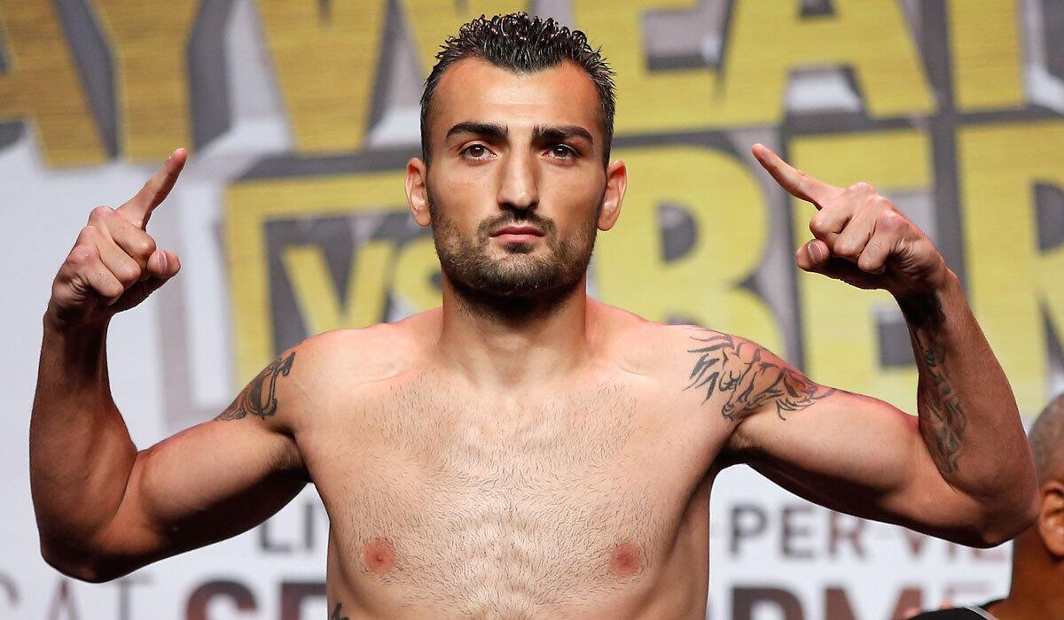 Vanes Martirosyan weighs in at MGM Grand Garden Arena on Sept. 11.