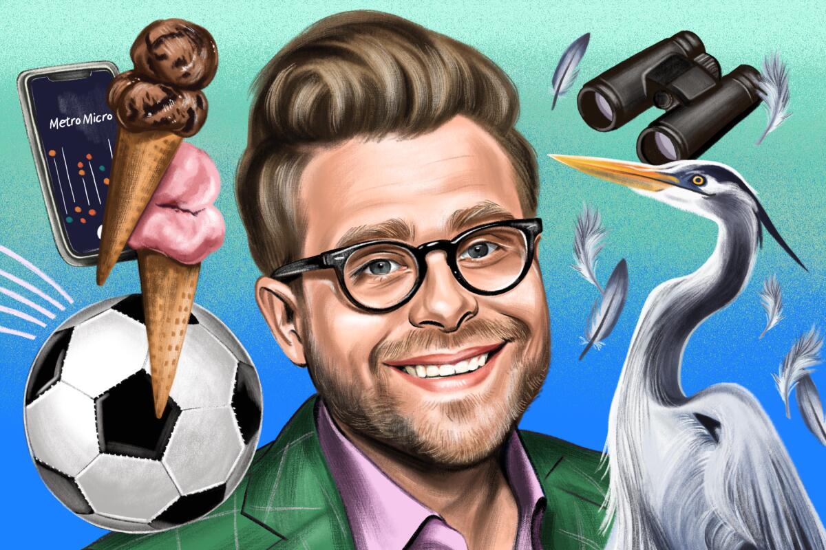 Adam Conover in a green suit surrounded by an iPhone, ice cream cones, a soccer ball, binoculars, and a great blue heron