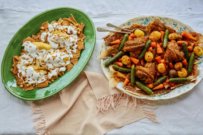 Fattet Ghanam (Lebanese Lamb Fatteh) and Tharid (Arabian Meat and Vegetable Stew Over Crispy Bread) cooked by Anissa Helou.