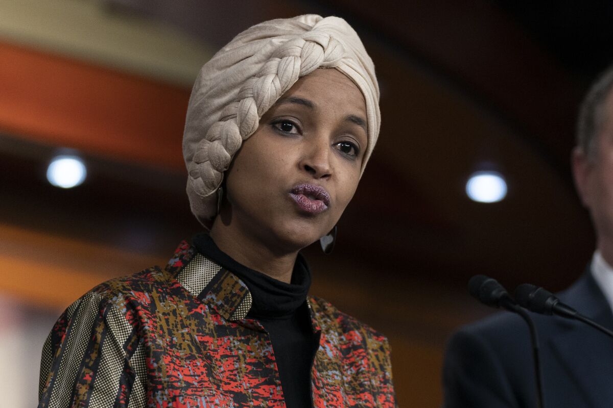 FILE - Rep. Ilhan Omar, D-Minn., speaks during a news conference on Capitol Hill in Washington