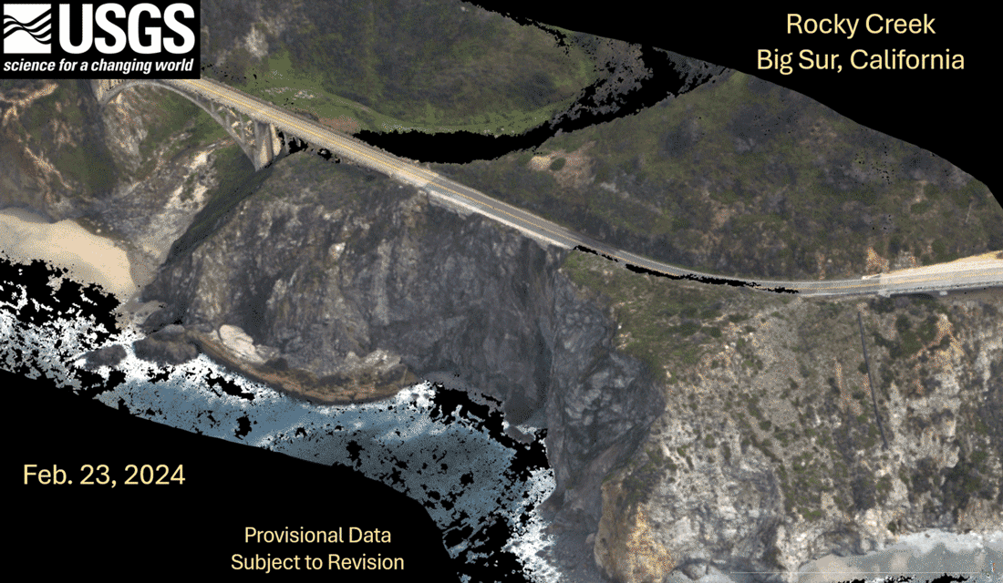 Two images are provided of the Rocky Creek landslide that resulted in closure of California State Highway 1. 