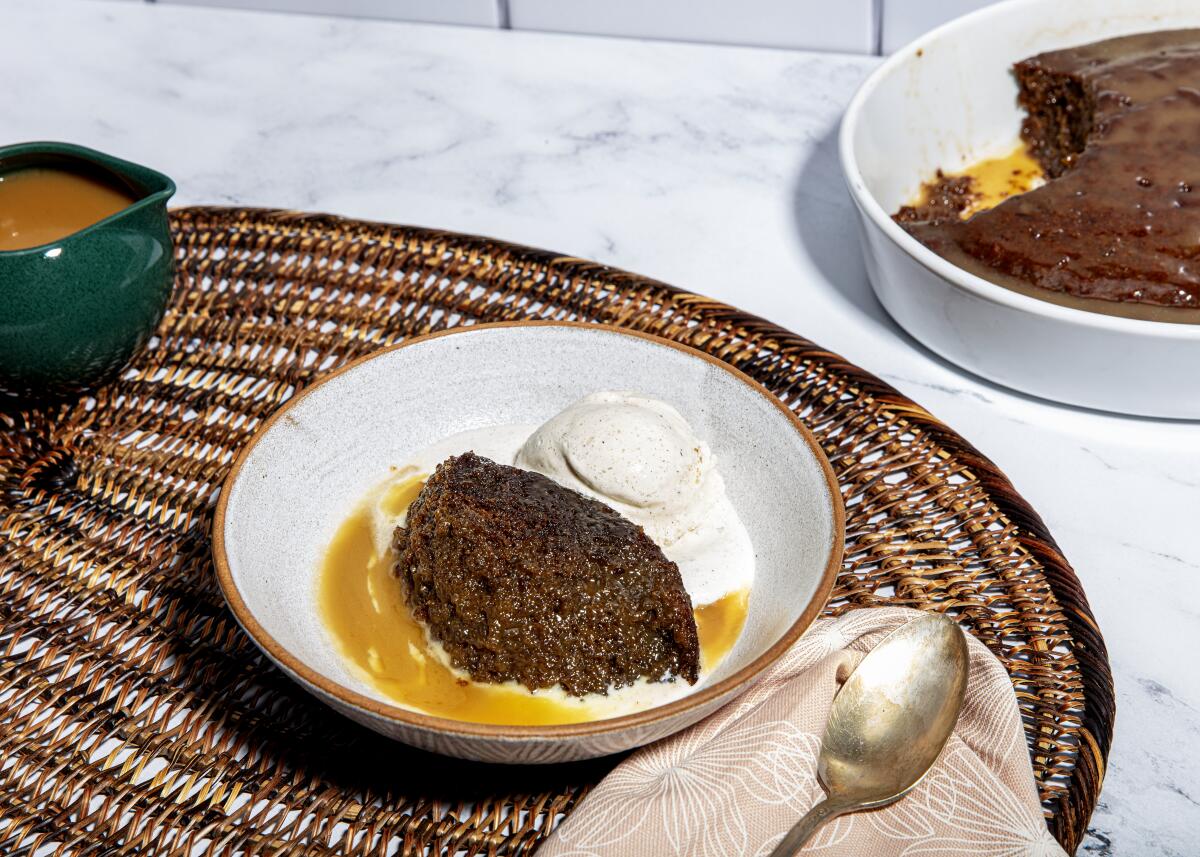 Sticky toffee pudding, scooped into bowls and topped with ice cream, is the ideal post-feast dessert for Moju and her family.