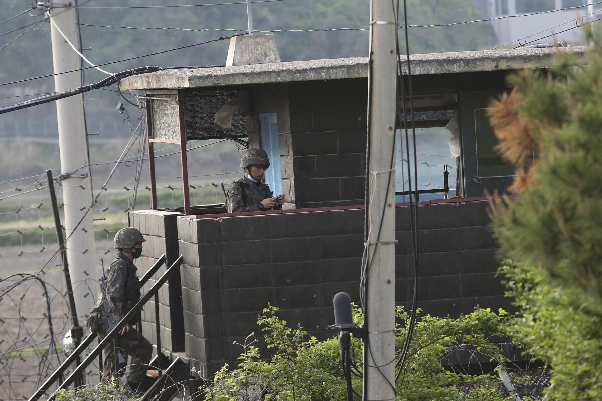 South Korean soldiers man a military post in Paju near the border with North Korea.