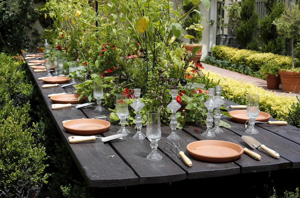 A living vegetable garden is the centerpiece of a formal dining room display at Sherman Gardens' greenHOUSE exhibit.