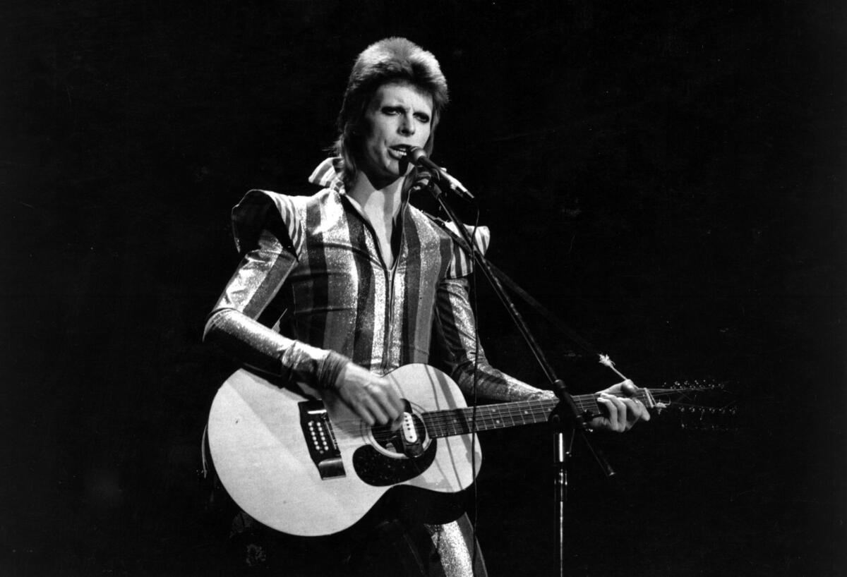 David Bowie performs his final concert as Ziggy Stardust in 1973 at the Hammersmith Odeon, London.