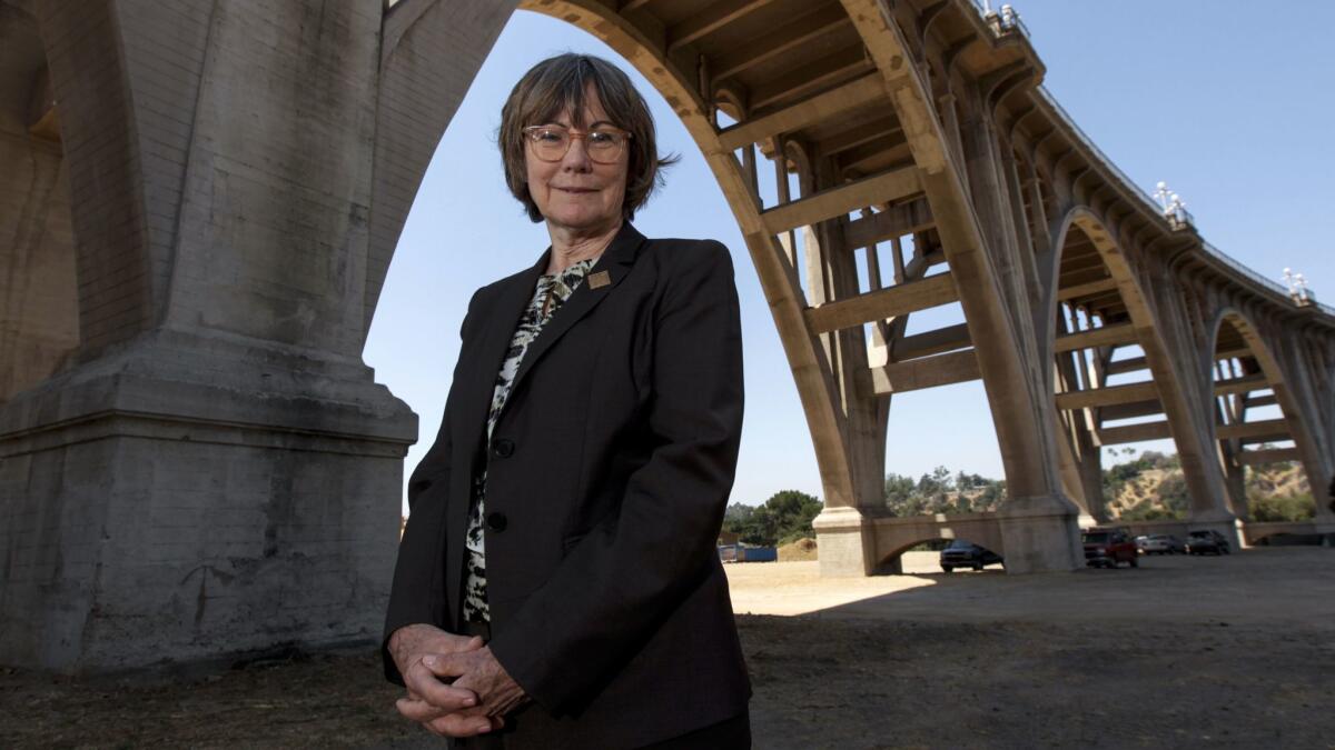 Kita Curry, president and CEO of Didi Hirsch Mental Health Services, and a suicide prevention specialist stands at Colorado Bridge in Pasadena.