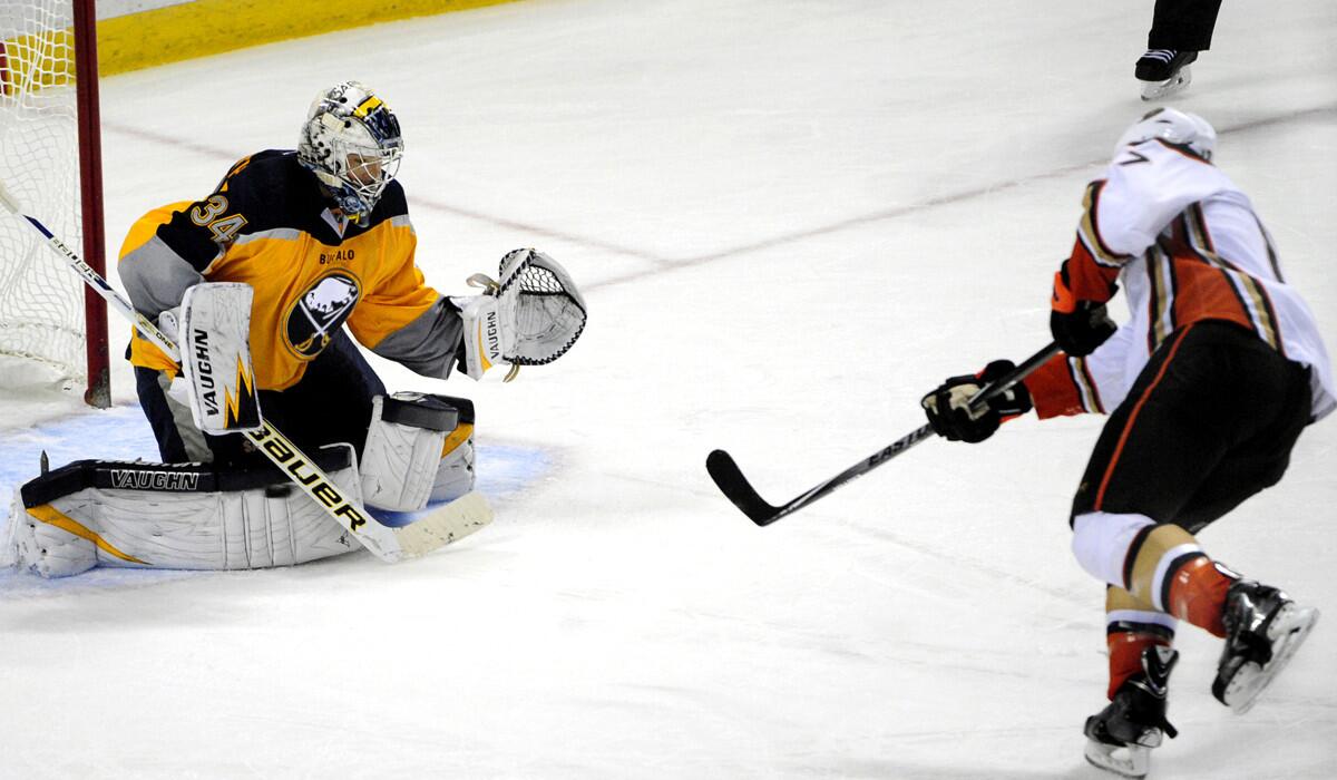 Ducks center Ryan Kesler beats Sabres goaltender Michal Neuvirth on a penalty shot in third period Monday night in Buffalo.