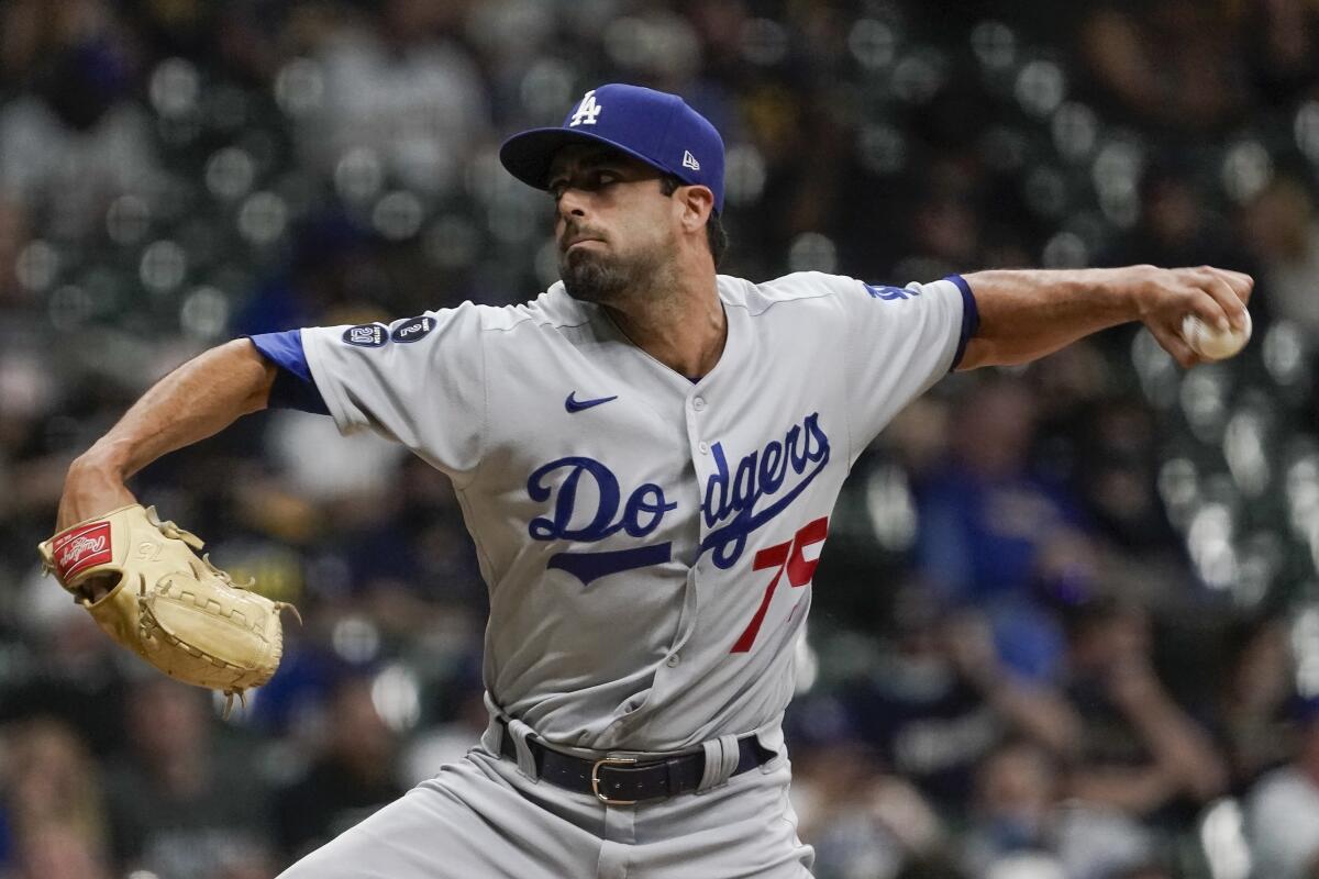 Dodgers reliever Scott Alexander throws during the fifth inning.