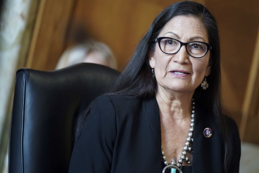Rep. Debra Haaland, D-N.M., testifies before a Senate Committee on Energy and Natural Resources hearing on her nomination to be Secretary of the Interior on Capitol Hill in Washington, Wednesday, Feb. 24, 2021. (Leigh Vogel/Pool via AP)