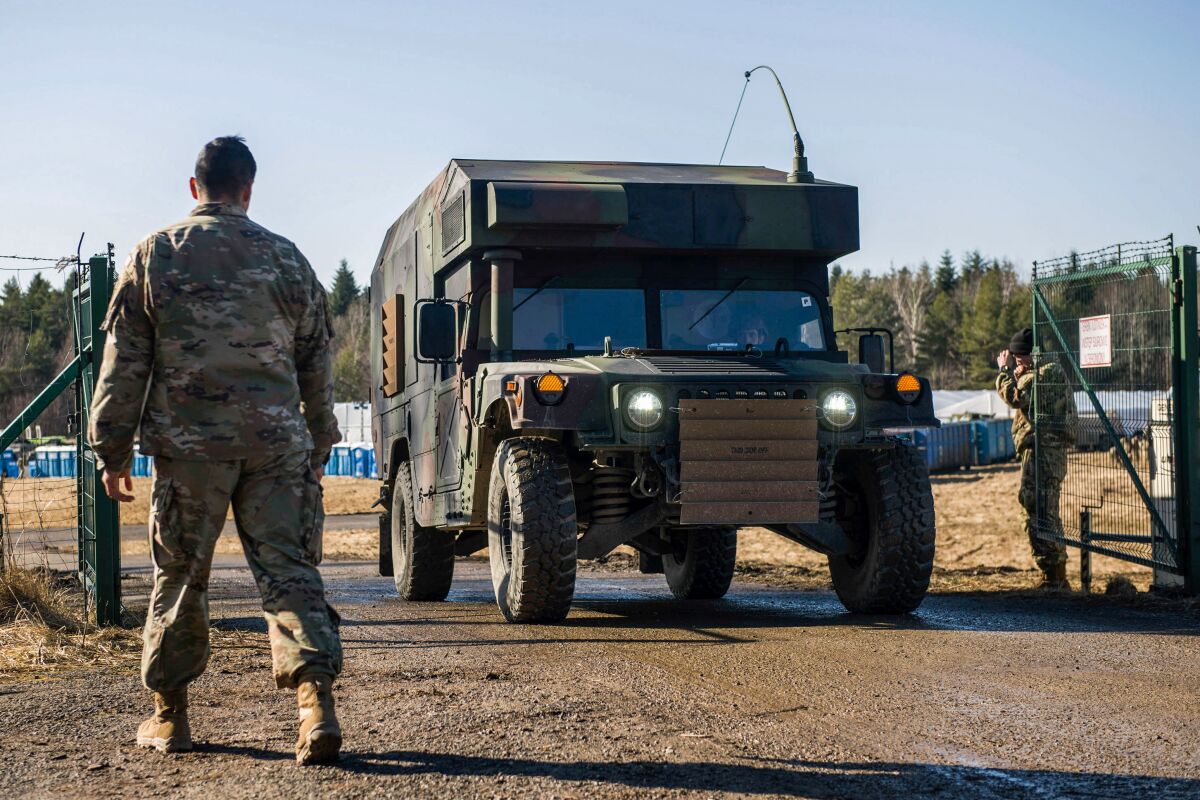 A US military Humvee is leaving the military base at the Arlamow airport in Poland on Thursday.