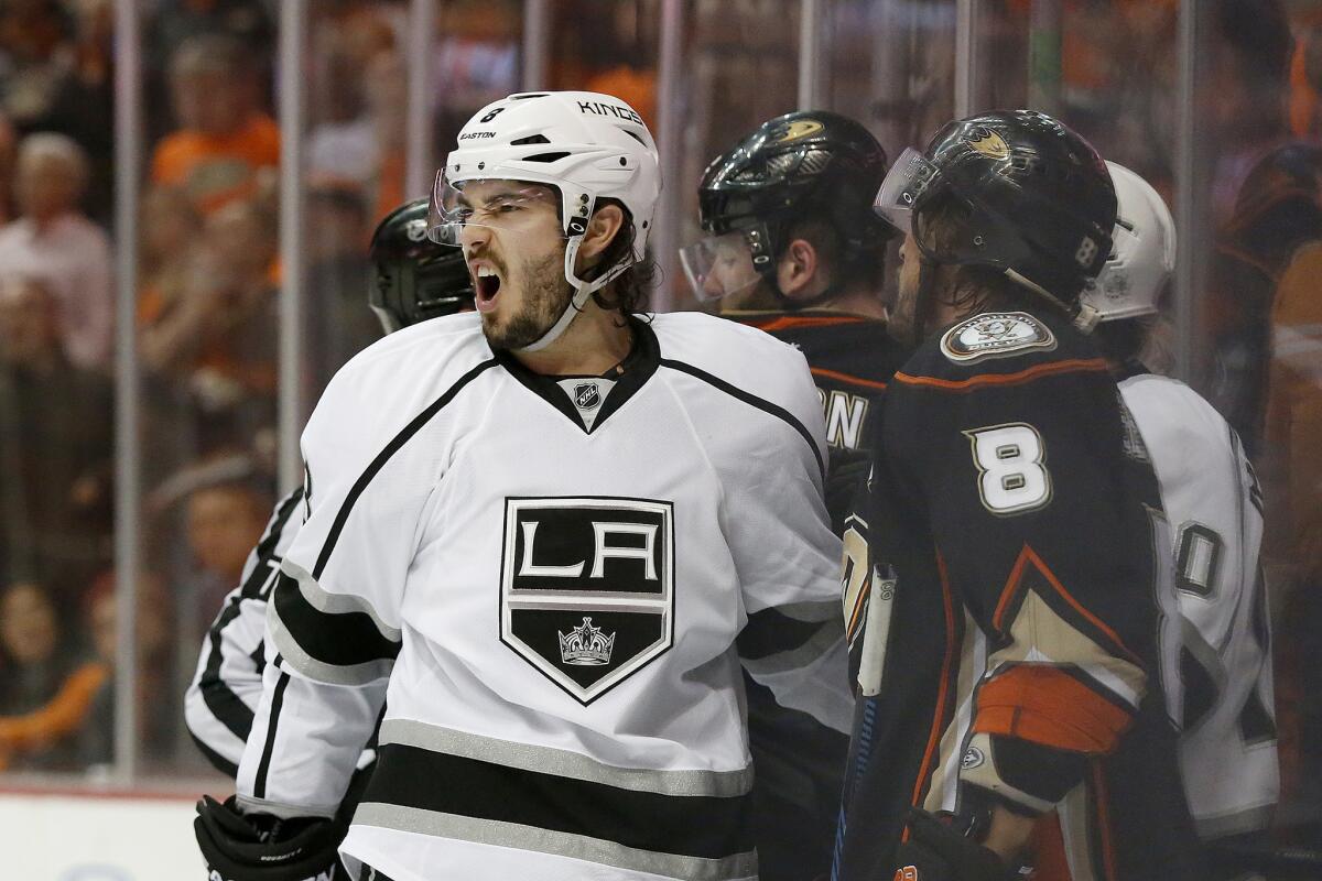 Kings defenseman Drew Doughty comes out of a scrum with Ducks players in Game 1 of the NHL Western Conference semifinals at the Honda Center on May 3.