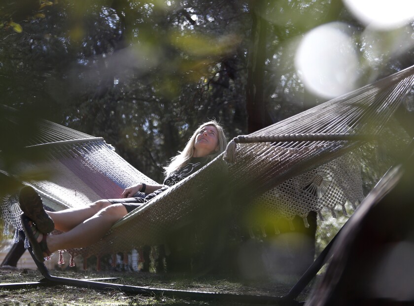 Beth Pratt relaxes at her home in Midpines, Calif.