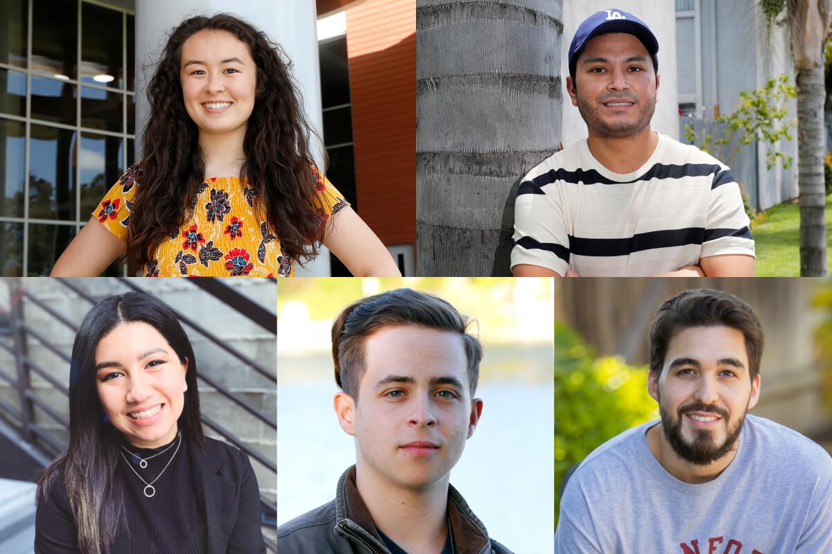 Amid a global pandemic, Orange County college graduates (clockwise from top left) Sydney Roberts, Oscar Flores, Austin Salcedo, Daniel Tsentsiper and Amanda Fuentes reflect on their last semester and near future.