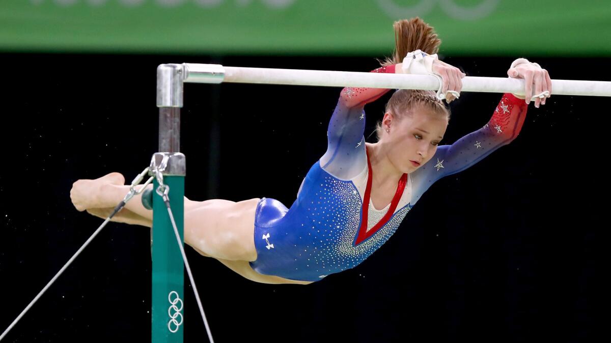 American gymnast Madison Kocian performs her routine during the uneven bars competition on Sunday.