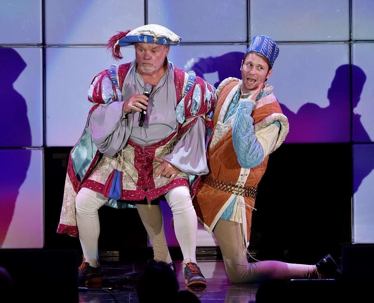 Actors Jack McGee, left, and Tyler Ritter perform at the annual "A Night at Sardi's" gala to benefit the Alzheimer's Assn. at the Beverly Hilton Hotel.