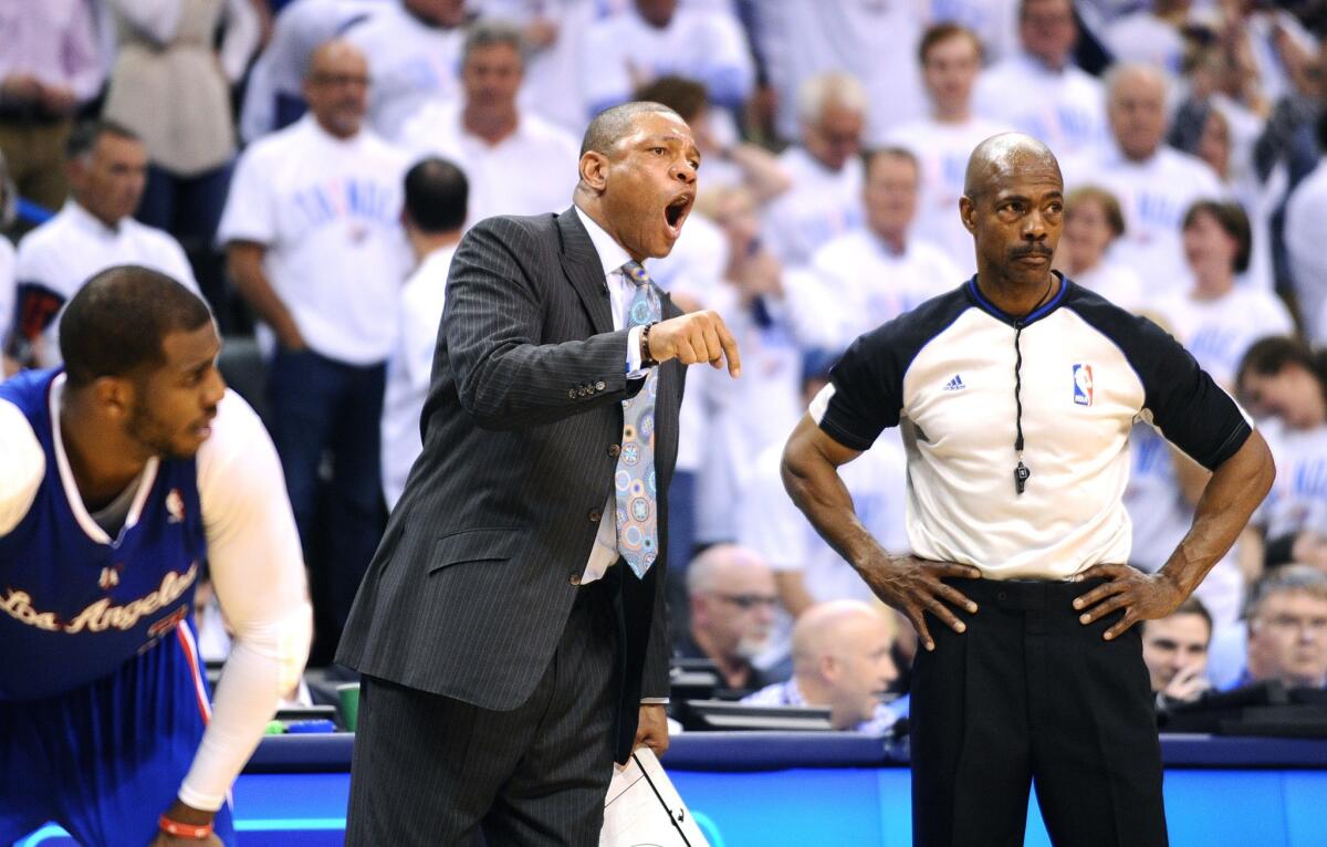 Coach Doc Rivers argues with a referee in Game 5, which the Clippers lost, 105-104, to the Oklahoma City Thunder.
