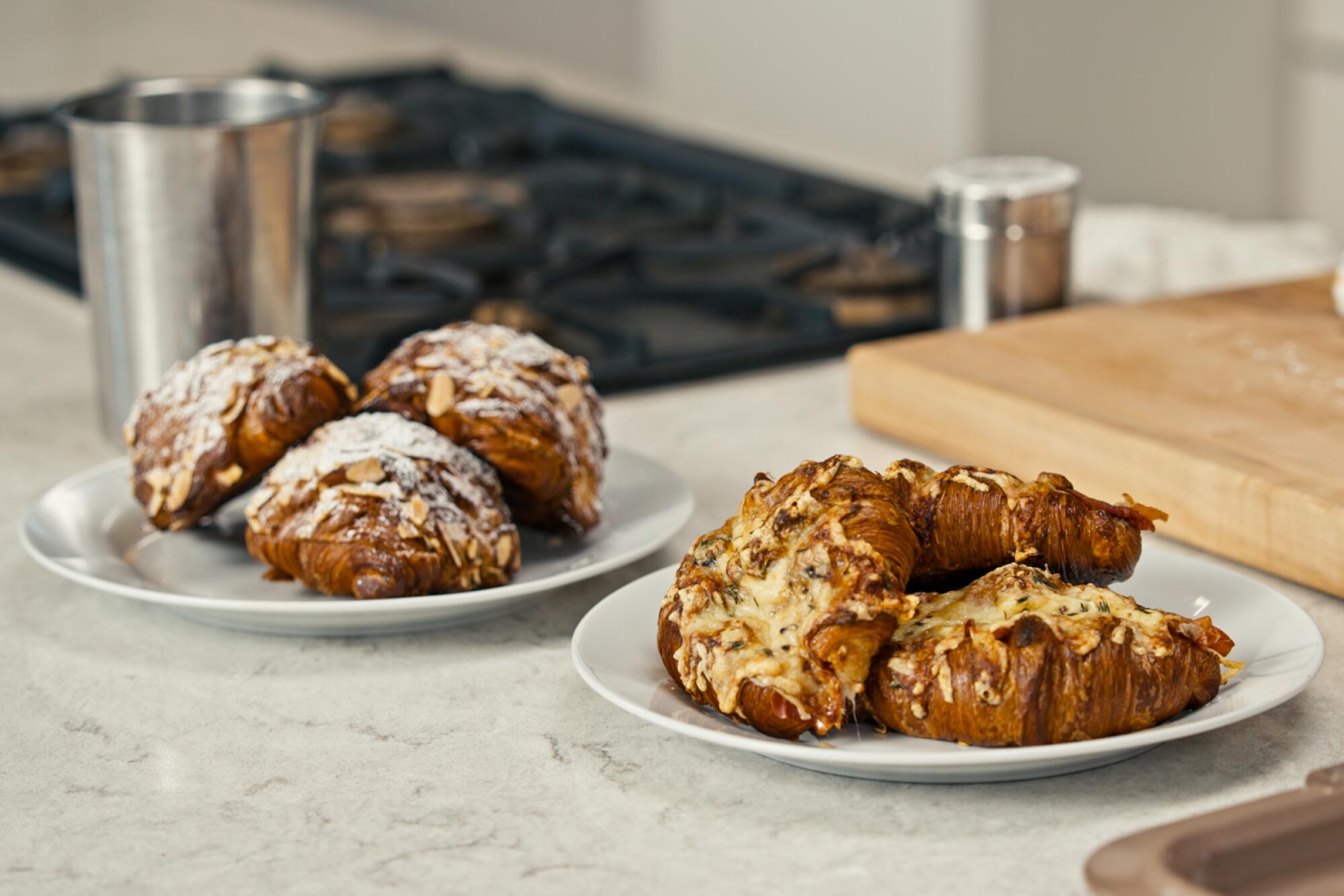 Nancy Silverton's twice-baked almond croissant, left, and ham and cheese croissant, right.