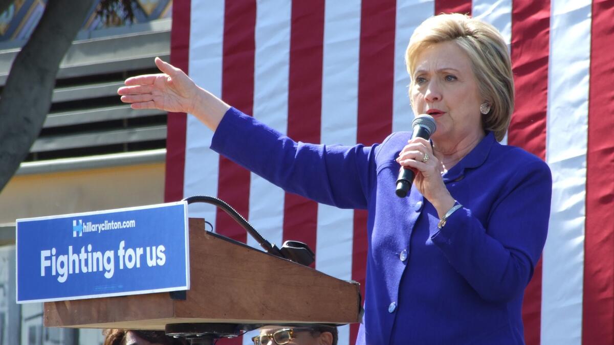 Hillary Clinton speaks to a rally in Leimert Park the day before the California primary.