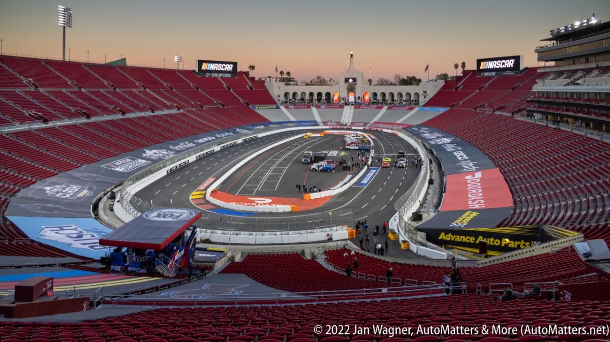 Temporary NASCAR short track within the LA Memorial Coliseum 