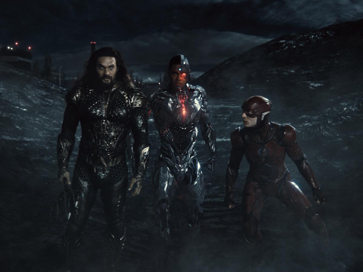 Jason Momoa as Aquaman, Ray Fisher as Cyborg and Ezra Miller as the Flash 