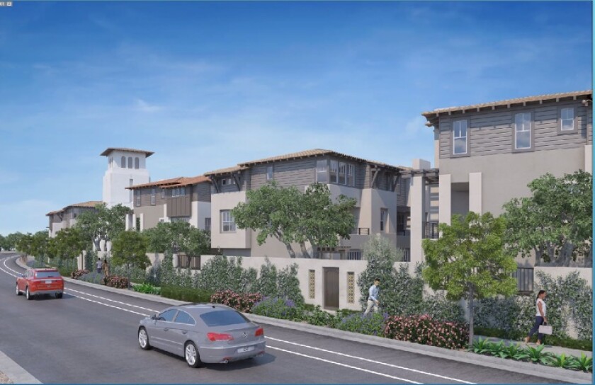 The view of the new Lumen townhomes from Carmel Valley Road.