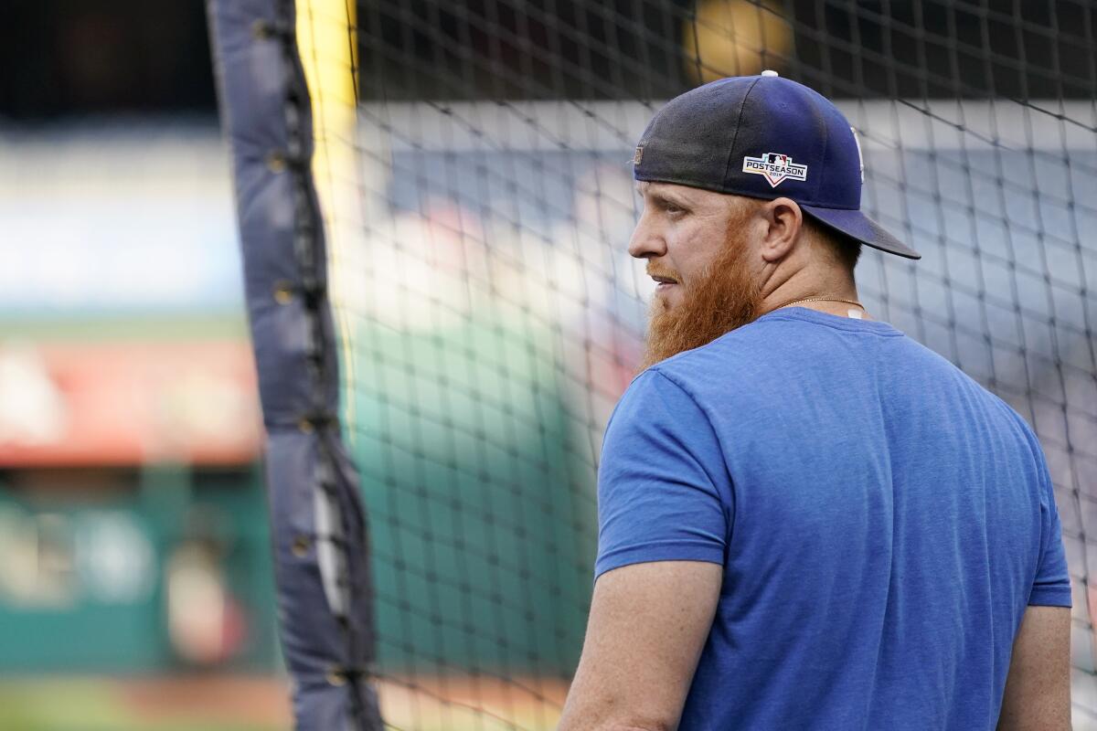 Justin Turner of the Los Angeles Dodgers takes batting practice before Game Four of the National League Divisional Series against the Washington Nationals on October 7.
