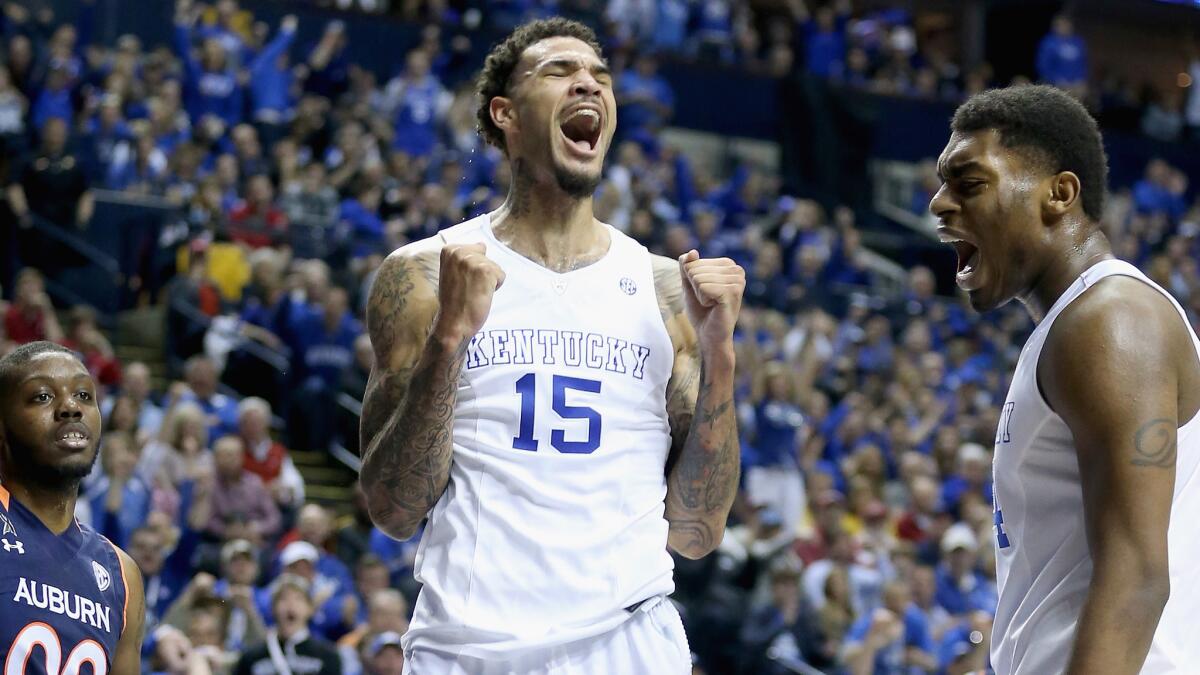 Kentucky's Willie Cauley-Stein celebrates during the Wildcats' Southeastern Conference tournament semifinal win over Auburn on Saturday.