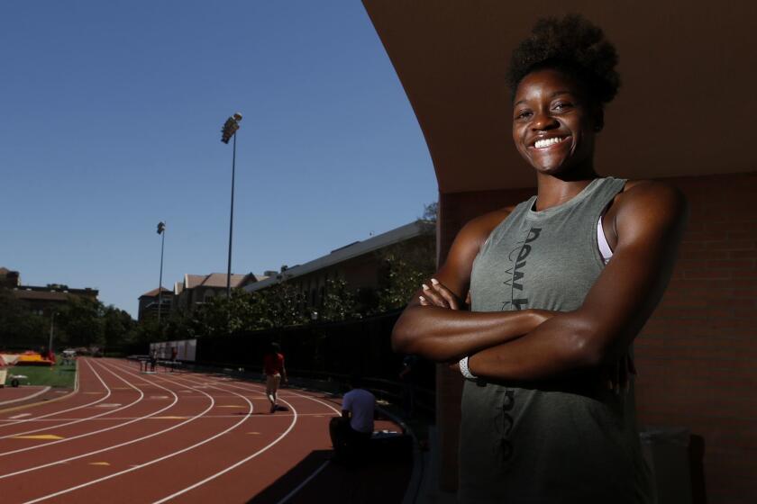 LOS ANGELES, CALIF. -- WEDNESDAY, APRIL 10, 2019: Kendall Ellis, 23, professional track athlete, trains at Kathrine B. Loker track stadium on the campus of the University of Southern California in Los Angeles, Calif., on April 10, 2019. Ellis, a business administration major, graduated from USC. (Gary Coronado / Los Angeles Times)