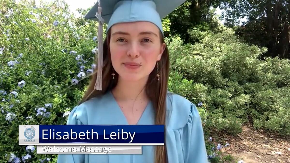Student Elisabeth Leiby gives the welcome message in a video for the graduation. 