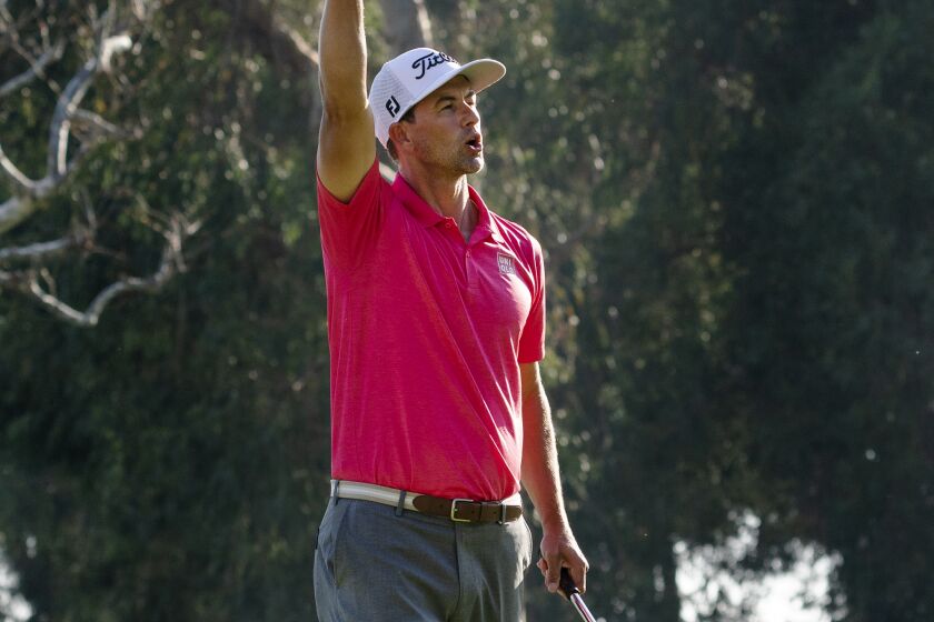 PACIFIC PALISADES, CA - FEBRUARY 16, 2020: Adam Scott reacts after winning the Genesis Open at Riviera Country Club on February 16, 2020 in Pacific Palisades, California. He finished at 11 under par..(Gina Ferazzi/Los AngelesTimes)