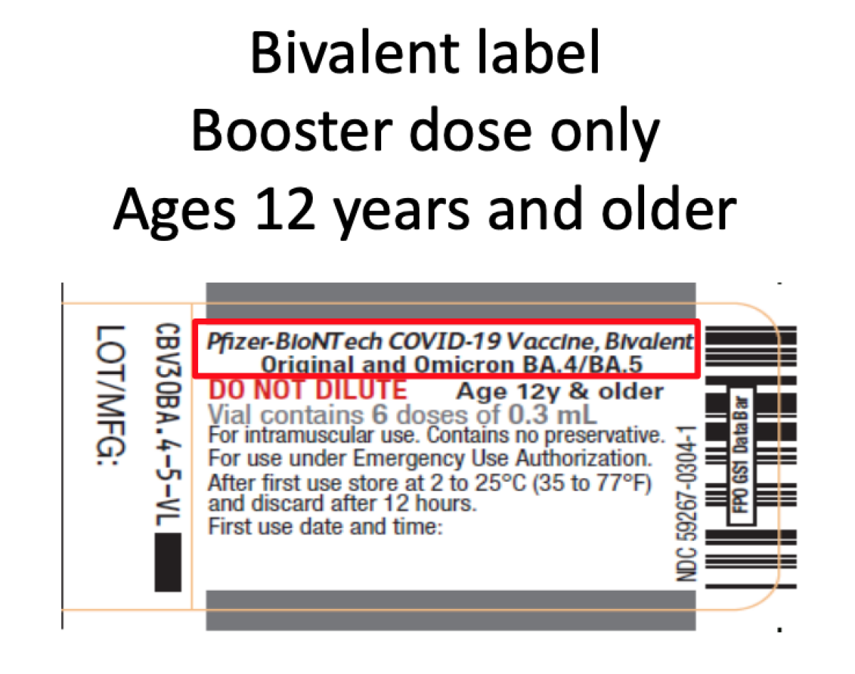 Pfizer-BioNTech labels distinguishing between conventional vaccine and new booster