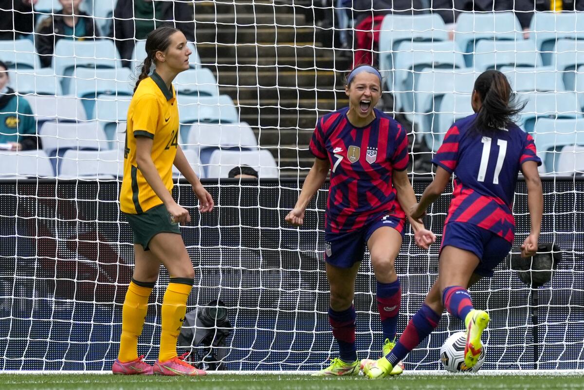 The United States' Ashley Hatch celebrates after scoring against Australia 