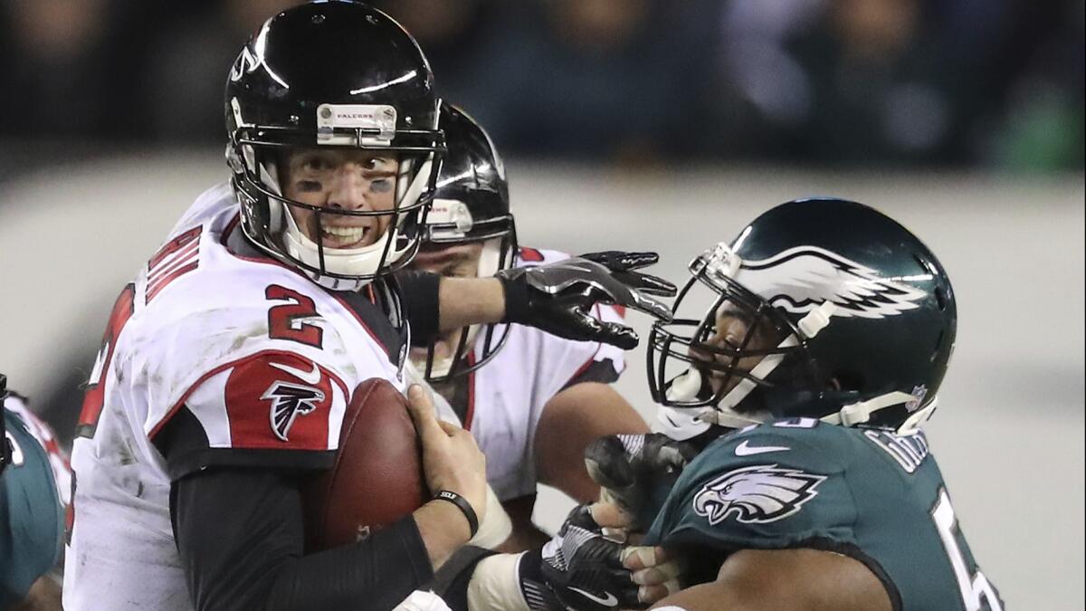 Philadelphia Eagles defensive end Brandon Graham sacks Atlanta Falcons quarterback Matt Ryan during an NFC divisional playoff game in Philadelphia on Jan. 13. The two teams meet in Thursday's NFL season opener on NBC.