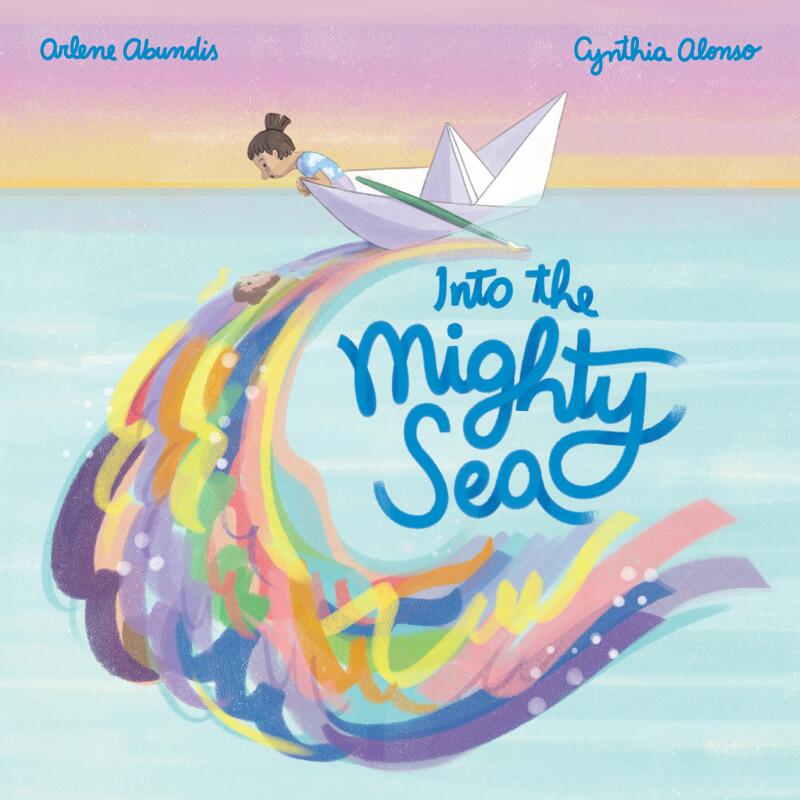 Into the Mighty Sea book cover with a paper boat and colorful squiggles on the water
