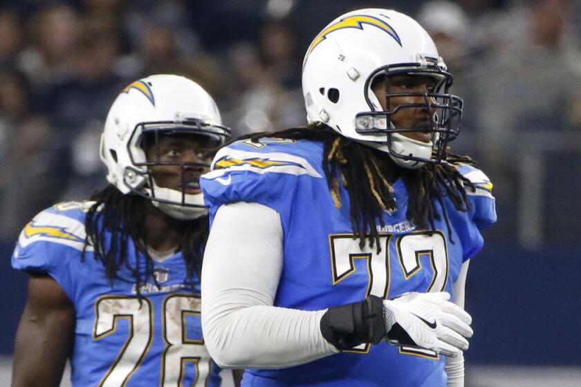 Los Angeles Chargers offensive tackle Joe Barksdale (72) and running back Melvin Gordon (28) walk up to the line of scrimmage during an NFL football game against the Dallas Cowboys on Thursday, Nov. 23, 2017, in Arlington, Texas. (AP Photo/Michael Ainsworth)