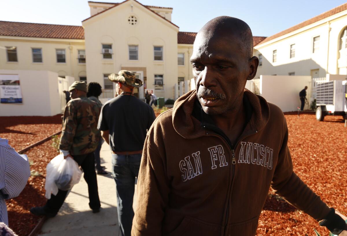 Tremalle Crutchfield, 56, a homeless veteran looking for assistance, attends the stand-down event at the West Los Angeles Veterans Affairs campus.