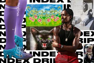 Collage featuring different art and fashion photos over a pattern of the words "Drip Index"