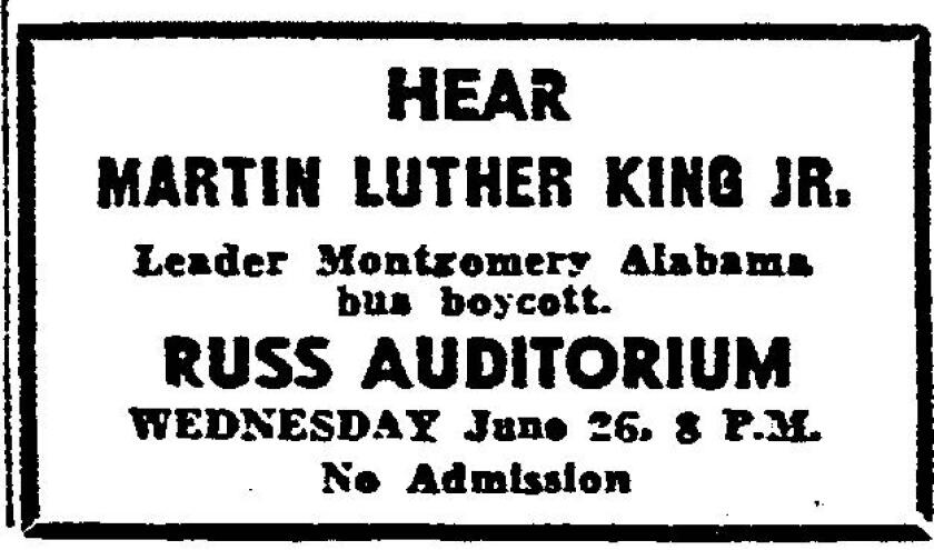 1957 notice that Martin Luther King Jr. will speak in Russ Auditorium .